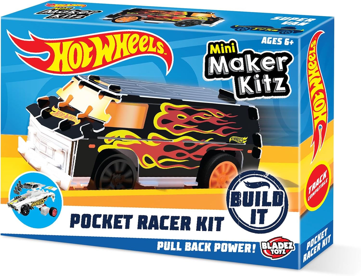 BLADEZ Hot Wheels Toyz Pocket Racer Maker Kitz 1 Pack - Build & Race Mini Cars - Pull-Back Motors for Turbo Performance & Easy Snap-Fit Assembly - Works on Hot Wheels Track - COLOURS WILL VARY