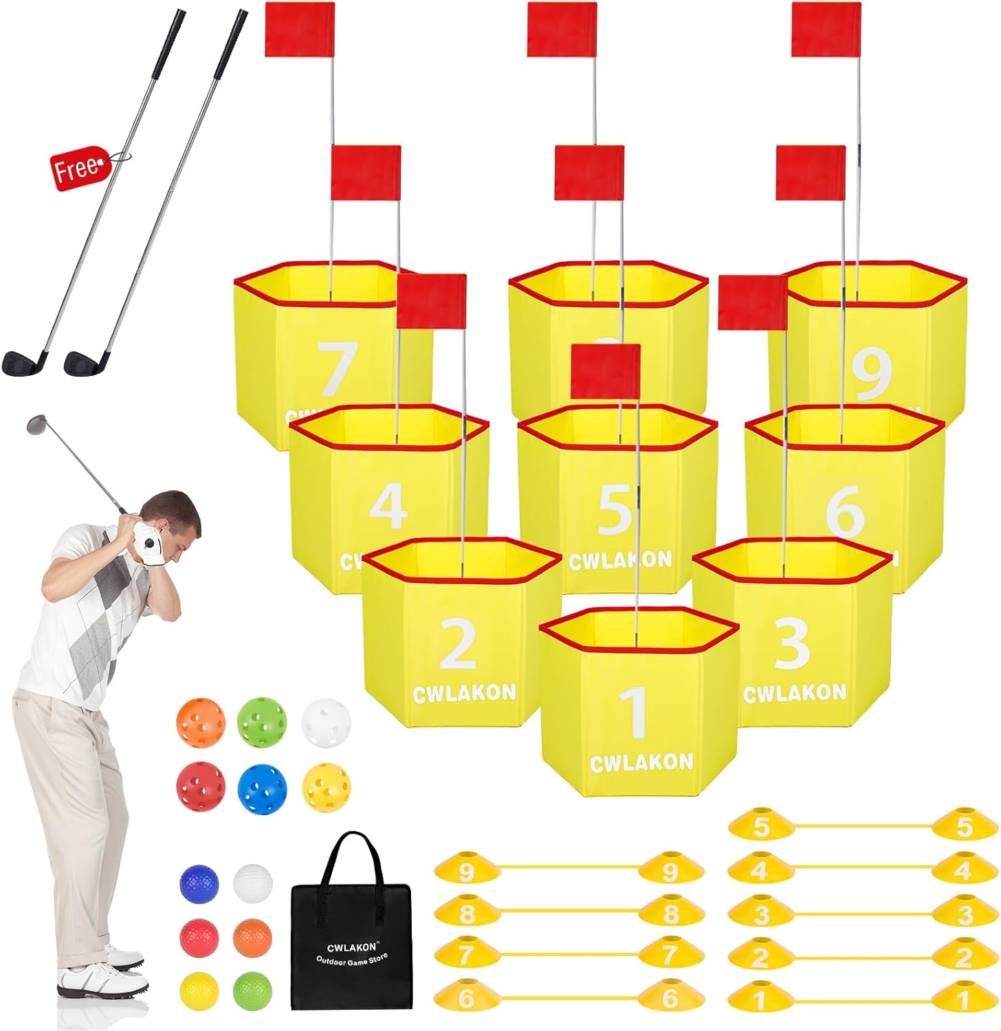 CWLAKON Yard Golf Game with 2 Clubs for Adults, Kids, Family, Outdoor Backyard Golf Games, Portable 9 Holes with Balls, Camping, Park, Lawn, Beach, Picnic, Field Day Family Reunion Party Fun