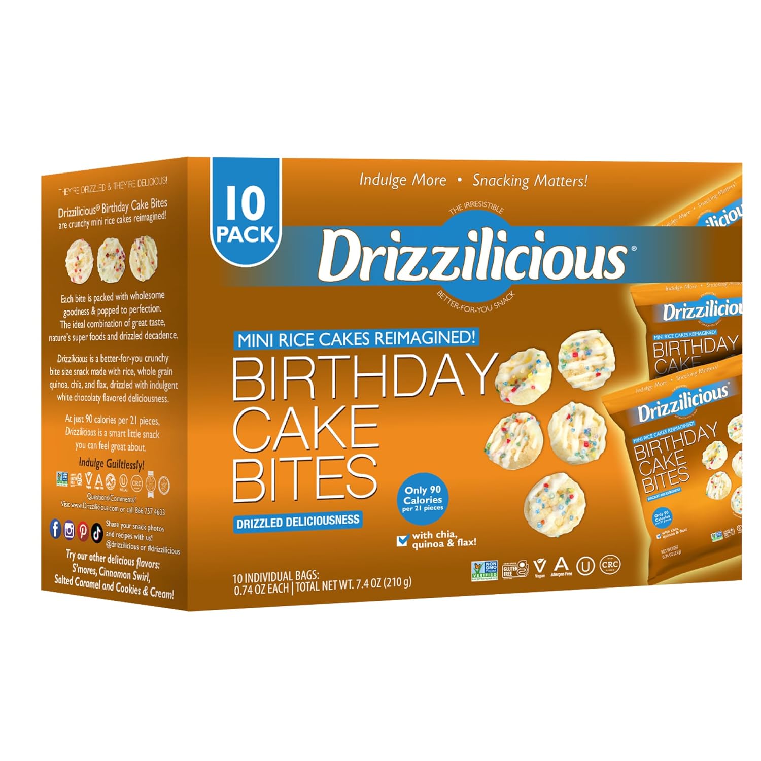 Drizzilicious Mini Rice Cakes Birthday Cake - Rice Crisps, Healthy Snack for Adults and Kids, Flavored Rice Cakes, Vegan, Gluten Free, Allergen Free, Only 90 Calories Per Bag - 0.74 oz (Pack of 10)