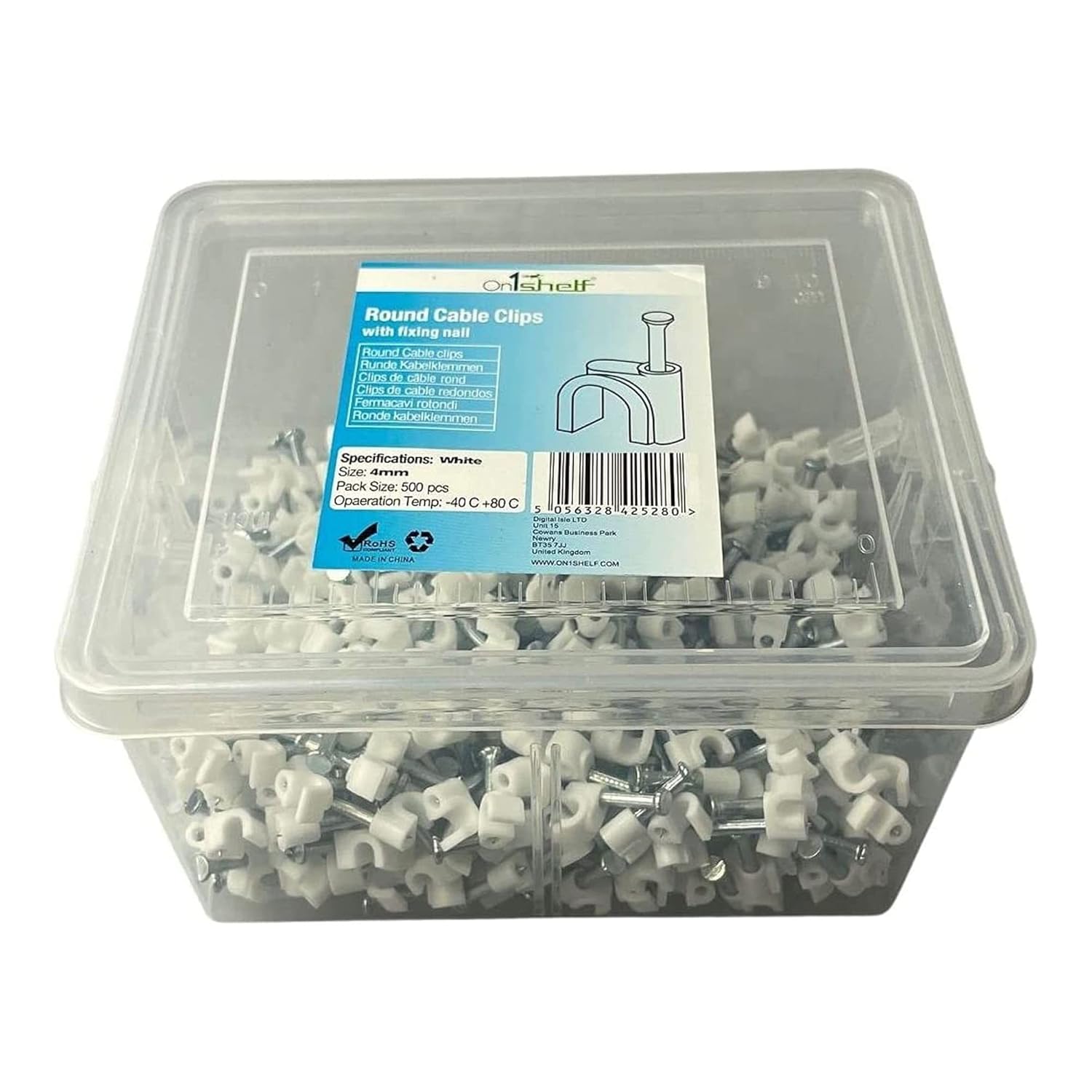 White Round Cable Clips K-Type Trade Box, (4mm / 0.16") - 500 Pieces