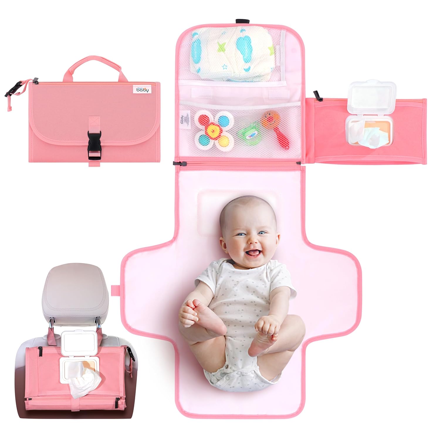 Portable Diaper Changing Pad, Portable Changing pad for Newborn Girl & Boy - Baby Changing Pad with Smart Wipes Pocket – Waterproof Travel Changing Kit - Baby Gift by Kopi Baby - Pink