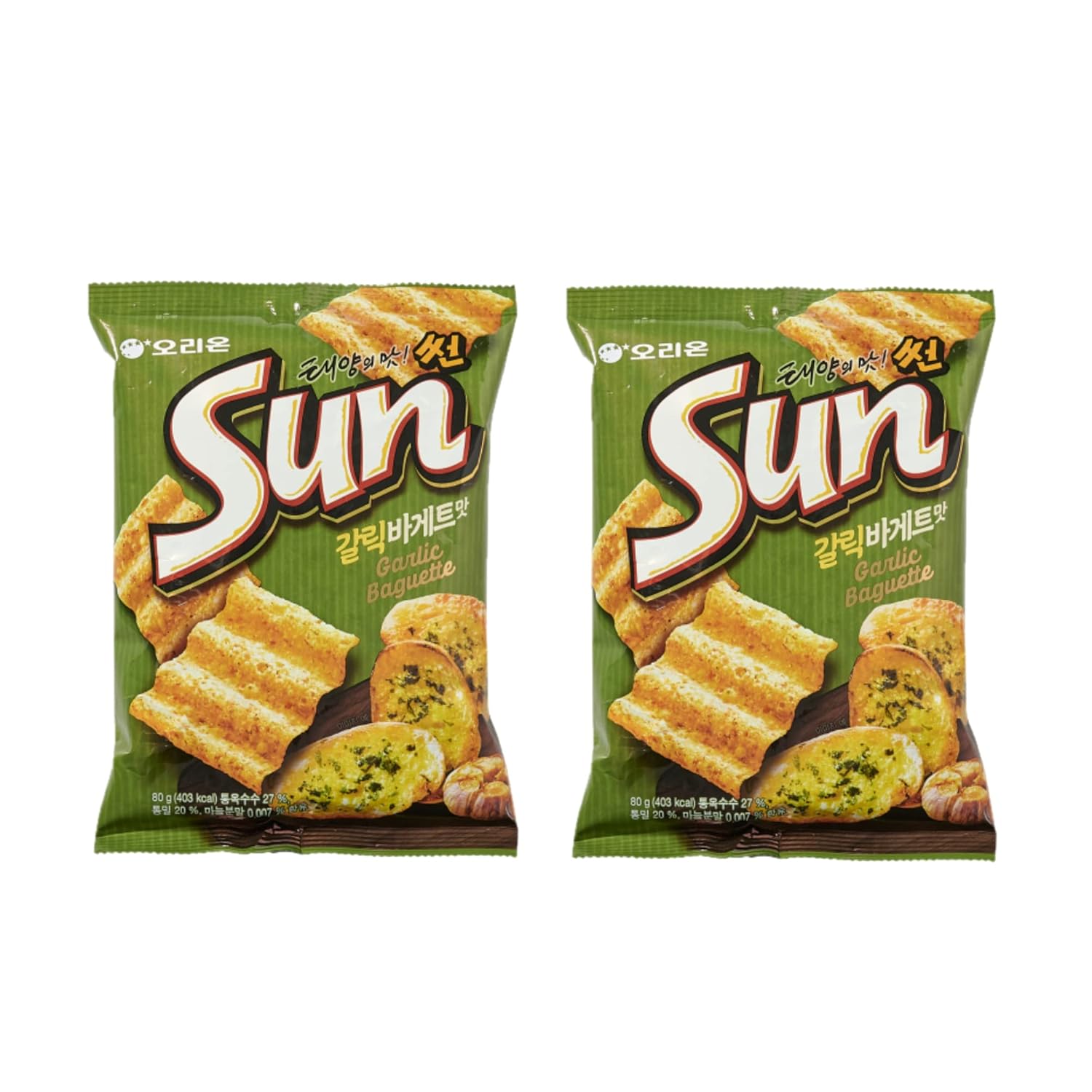 ORION SUNCHIP CORNCHIP BASED Garlic Baguette/Hot & Spicy (135G) Big Size Korean Chip (Garlic, Pack of 2)