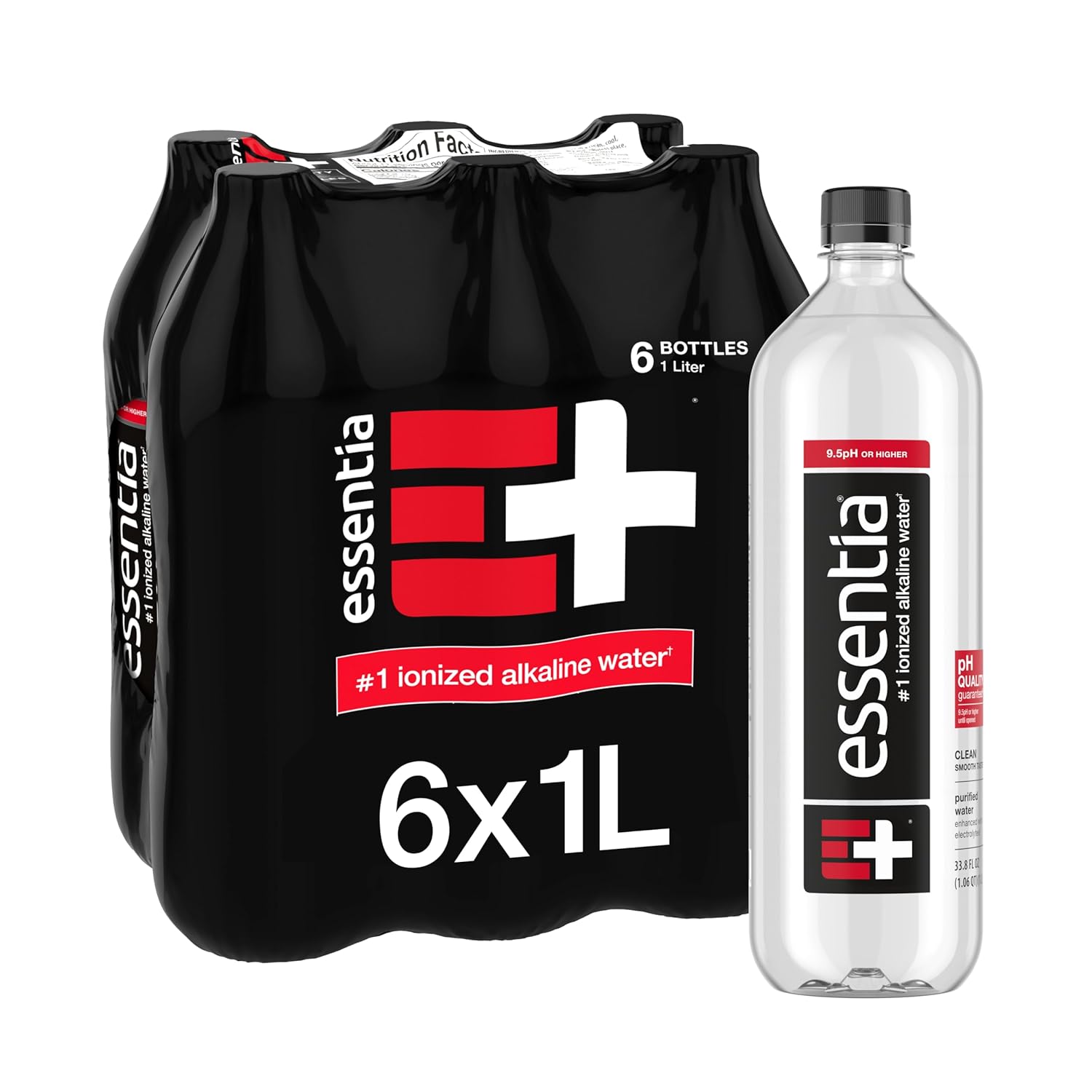 Essentia Bottled Water, 1 Liter, Pack of 6 Bottles; 99.9% Pure, Infused with Electrolytes for a Smooth Taste, pH 9.5 or Higher; Ionized Alkaline Water