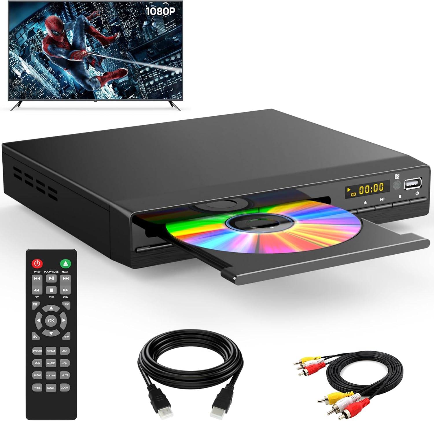 DVD Player, HDMI Region Free DVD Players for Smart TV, 1080P Upscaling, USB Input, HDMI/RCA Output Cable Included, Breakpoint Memory, Built-in PAL/NTSC, CD Players for Home