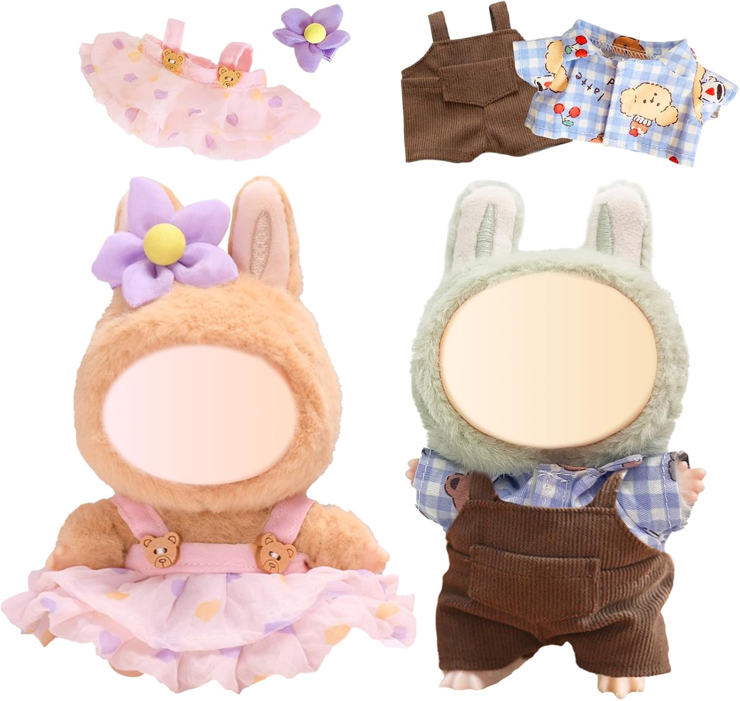 4 Pcs 17cm Clothes Compatible with Labubu Doll, 2 Set Monster Doll Dress Accessories with Shirts Strap Pants Skirt Hair Clips, Cute Plush Clothes for 17cm Doll Boy and Girl for Best Gifts