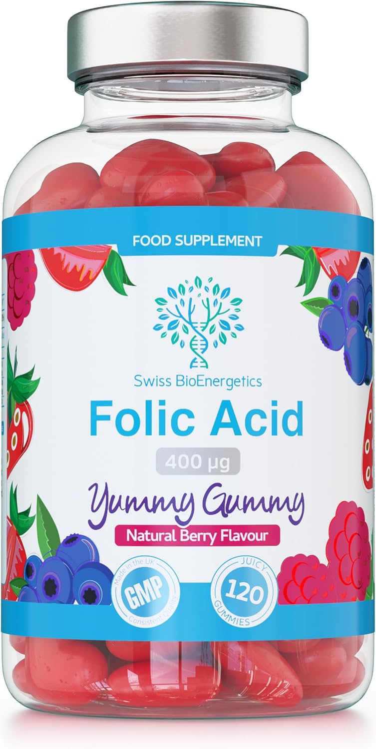 Folic Acid Gummies - 400μg, 120 Natural Berry Flavoured & Vegan Gummies - High Strength Vitamin B9 Folic Acid Pregnancy Support Prenatal Vitamin - No Artificial Sweeteners or Flavours – UK Made