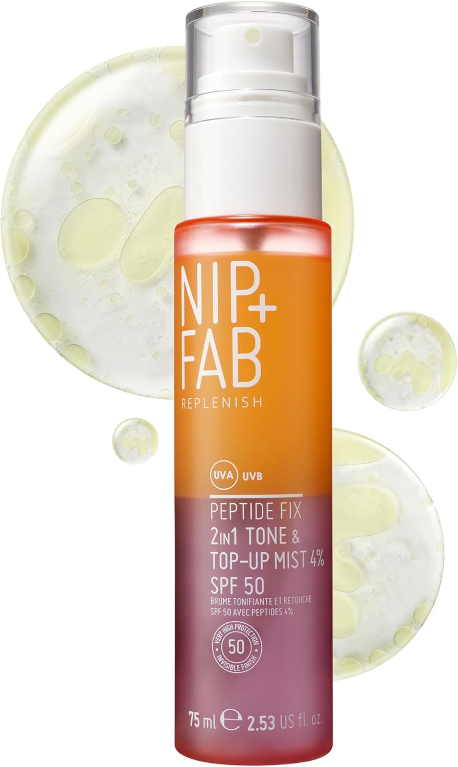 Nip+Fab Peptide Fix 2-in-1 Tone & Top-Up Mist, 4% SPF 50, Replenish and Rehydrate Your Skin, Top-Up your Sun Protection On-The-Go, SPF Top-Up Over Makeup, 75ml