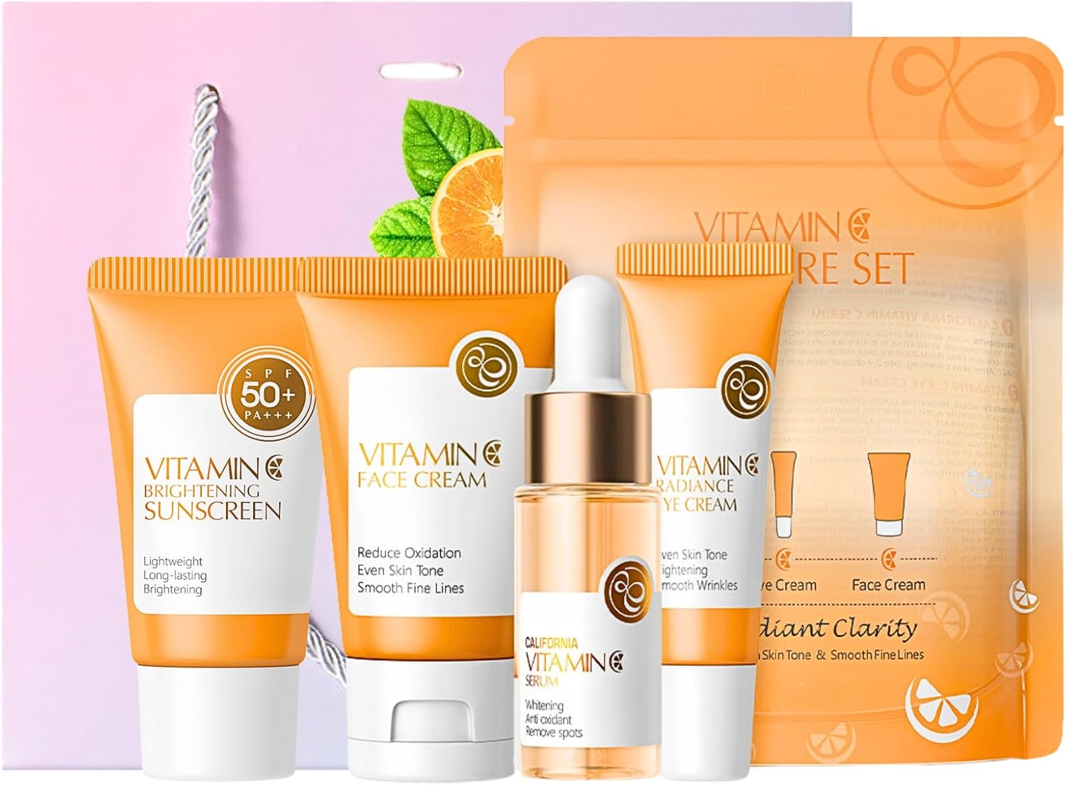 Vitamin C Skin Care Set for Teenage Girls Gifts, Pamper Sets for Women Gifts, Travel Skincare Sets, Facial Kit, Skin Care Sets & Kits - Face Cream,Serum,Cleanser,Sunscreen,Eye Cream, 4PCS