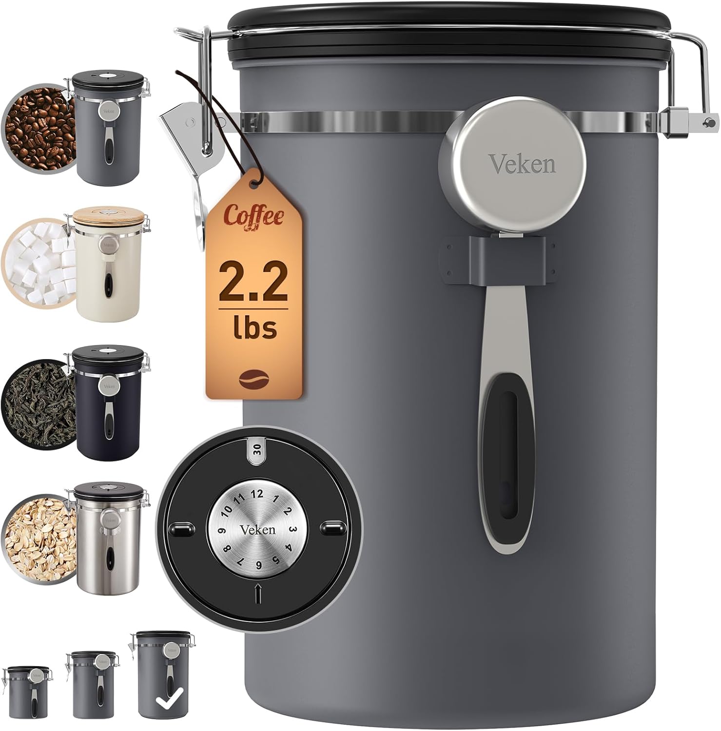 Veken Coffee Canister, 39OZ Large, Airtight Stainless Steel Food Storage Container for 2.2lbs Coffee Beans, Ground, Sugar, Tea, Flour, Rice, Cereal, Kitchen Storage Jar, Bar Accessories & Gifts, Gray