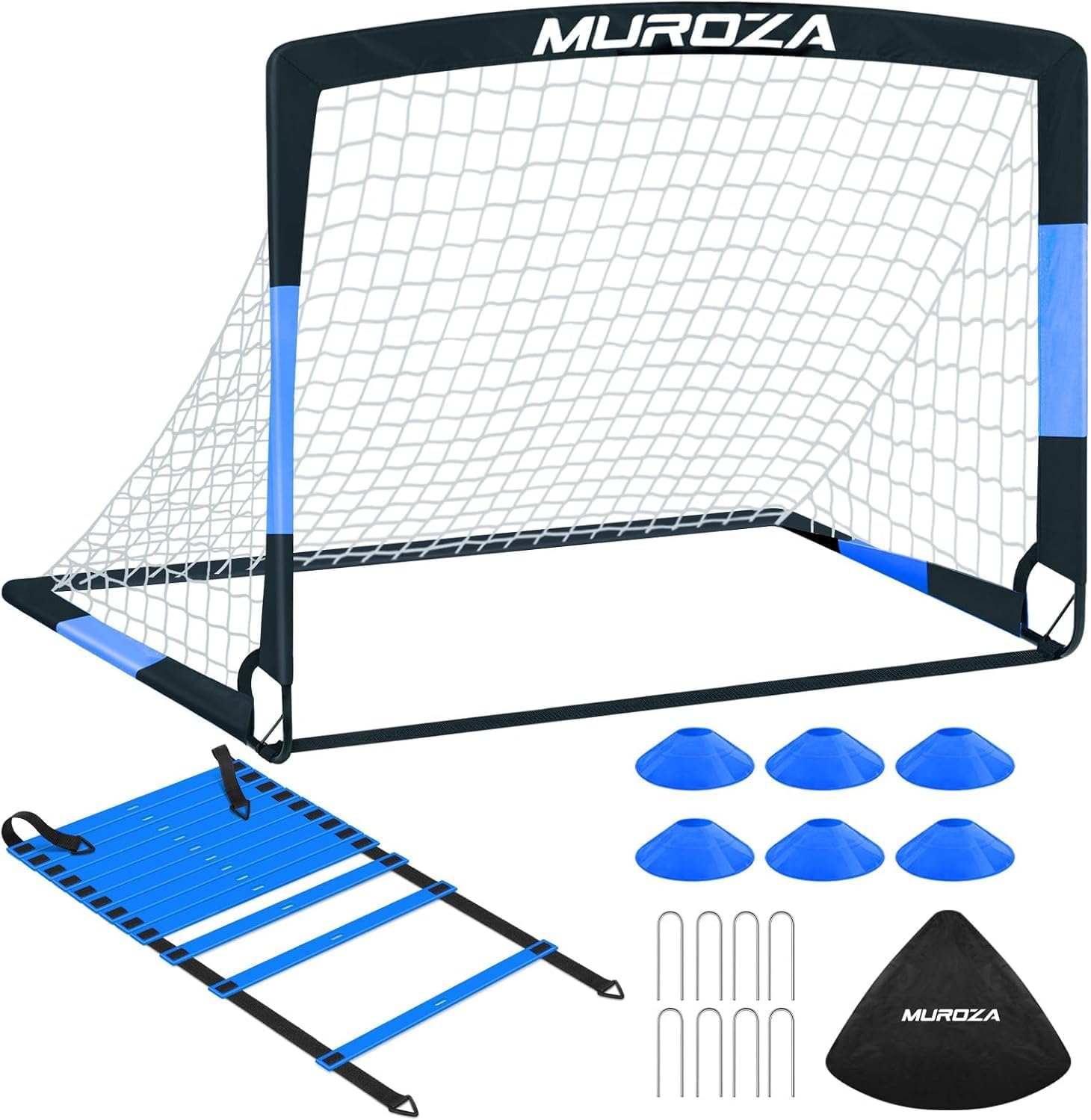 Kids Soccer Goals for Backyard Set, 1 Pack of 4x3 ft Portable Pop Up Soccer Nets with Agility Ladder, Cones, Complete Training Equipment for Youth (Black Lake Blue)