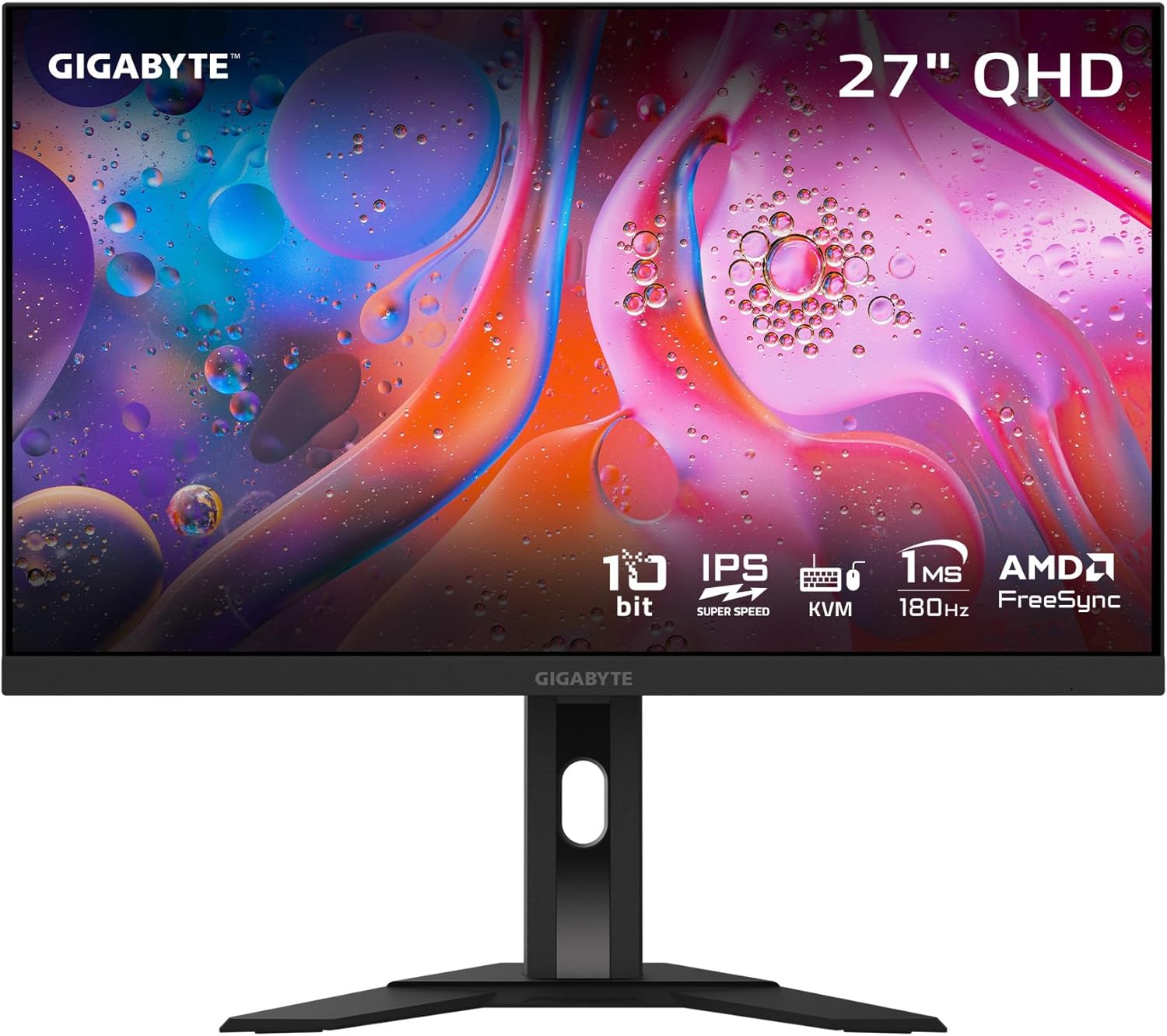 GIGABYTE - M27Q Advanced (US) - 27" SS IPS Gaming Monitor - QHD 2560x1440-180Hz - 1ms MPRT - AMD FreeSync - Type C KVM - HDMI, DP, Type C - Height Adjustable - Black