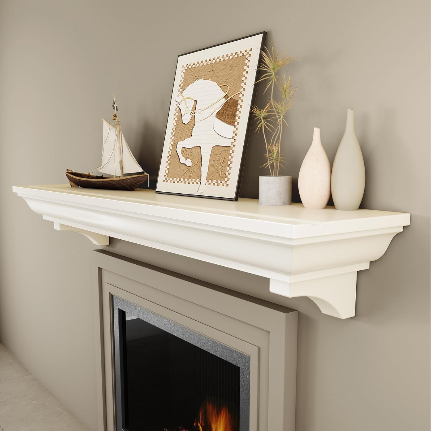 Fireplace Mantel, 60 Inch Rustic Fireplace Shelf with Arched Corbels, 100 lbs Weight Capacity Natural Wood Mantles for Over Fire Place, Mantel for Living Room (White)