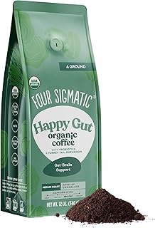 Four Sigmatic Happy Gut Organic Ground Coffee | Medium Roast Fair Trade Gourmet Coffee with Chaga & Turkey Tail | Immune Boosting, Probiotic Mushroom Coffee for Gut Health & Immune Support | 12oz Bag
