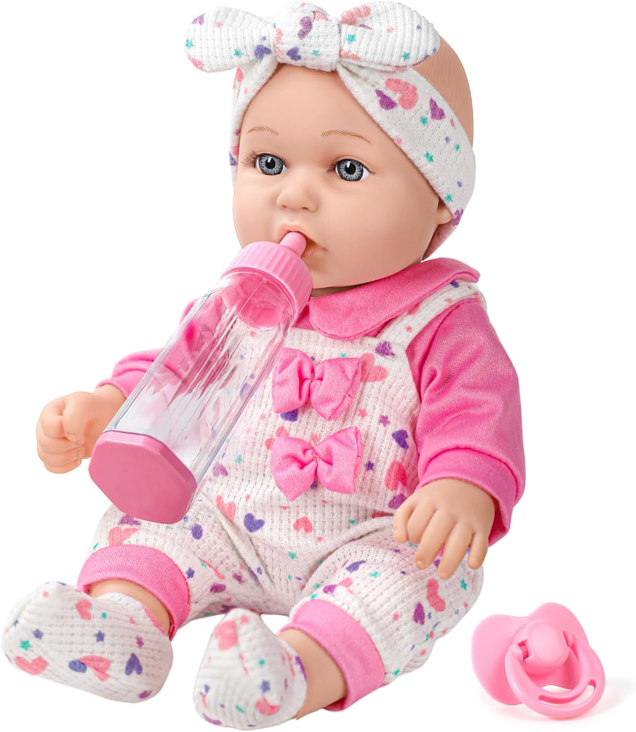 12" Baby Doll with Pink Bowknot Clothing Set,12 Inch Realistic Baby Dolls with Clothes and Accessories,Pacifier Bottle Toy Pretend Play Collection for 3+ Child Girls Gifts