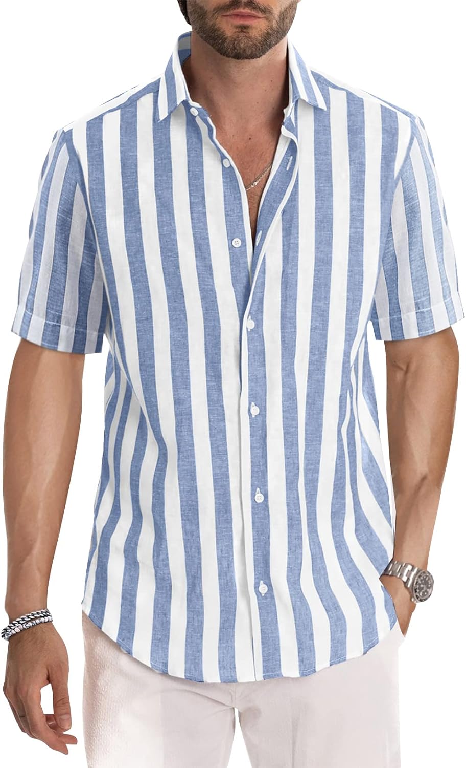 Meilicloth Men's Short Sleeve Shirts Summer Striped Casual Shirt Button Down Regular Fit Tops, Top for Long Lasting Comfort