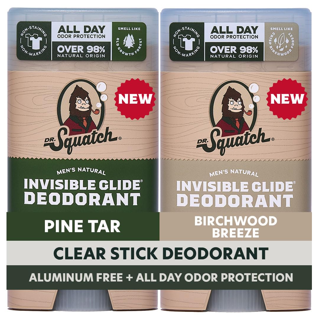 Dr. Squatch Invisible Glide Natural Men’s Deodorant – Smooth Glide, No Stains – Aluminum Free Deodorant Men – Safe for Sensitive Skin – Pine Tar + Birchwood Breeze, 2.65oz (2-Pack)
