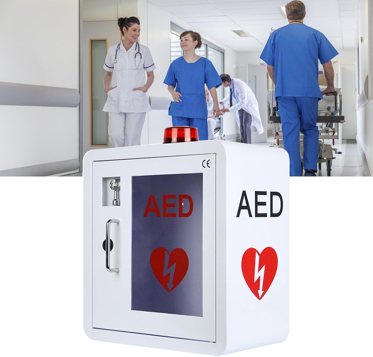 AED Defibrillator Storage Cabinet PVC Transparent Window First Aid AED Cabinet Alarmed and Strobed AED Cabinet Adjustable Partition Position for Emergency At Home,Office and Public Place,White