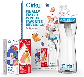 Cirkul 22oz. BPA-Free Plastic Water Bottle Starter Kit with Blue Lid, 2 Flavor Cartridges (1 LifeSip Fruit Punch, 1 FitSip Mixed Berry) Zero Calories and No Sugar