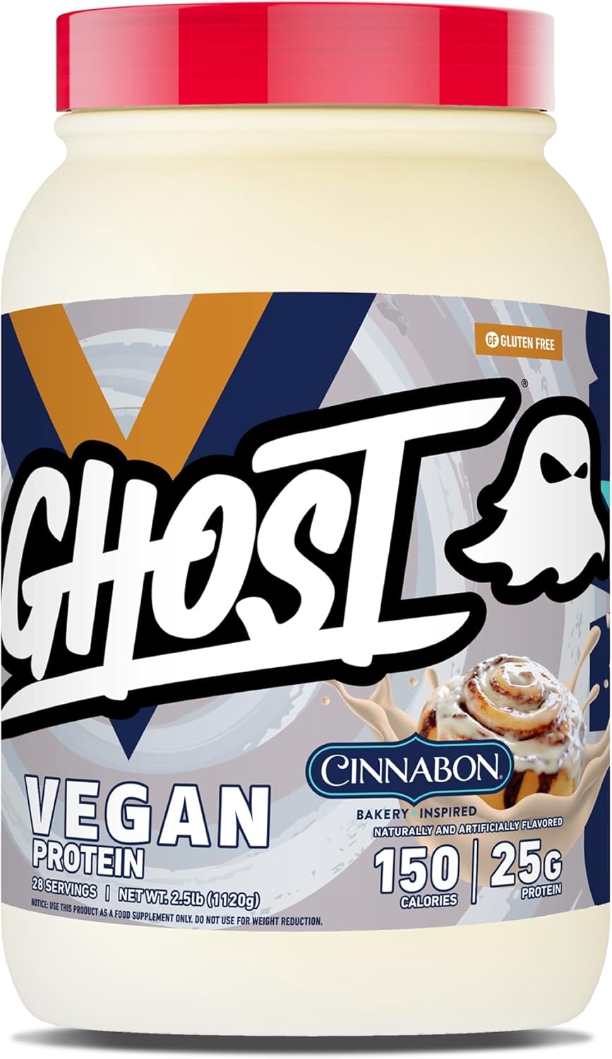 GHOST Vegan V2 Protein Powder, Cinnabon – 2.5LB Tub, 25G of Protein - Plant-Based Pea & Organic Pumpkin Blend Protein with Fiber & Iron - Flavored Post Workout Shakes - Soy & Gluten Free