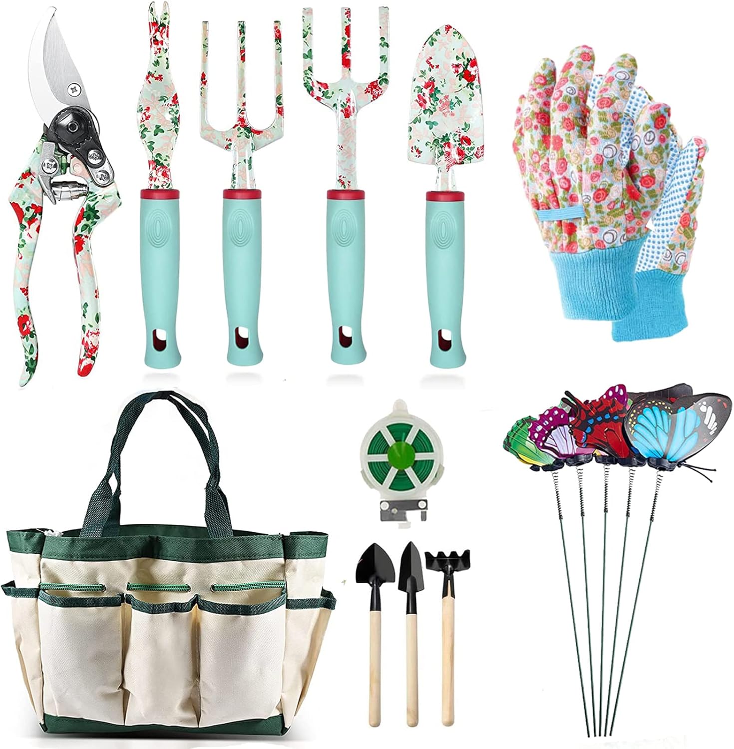 Garden Tools Set, 16 Pieces Gardening Gifts for Women & Men, Heavy Duty Floral Gardening Tools Set with Storage Bag, Ergonomic Garden Gifts Kit for Mum, Girlfriend (Green Flowers)