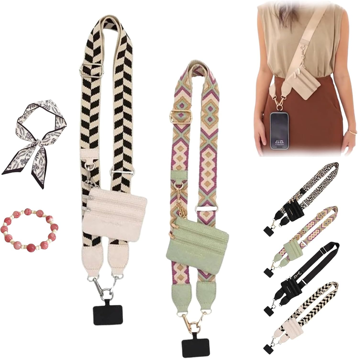 GLSAYZU Phone Strap with Zippered Pouch, Clip and Strap for Phone with Wallet Crossbody, Cell Phone Strap Crossbody (2PCS-B)