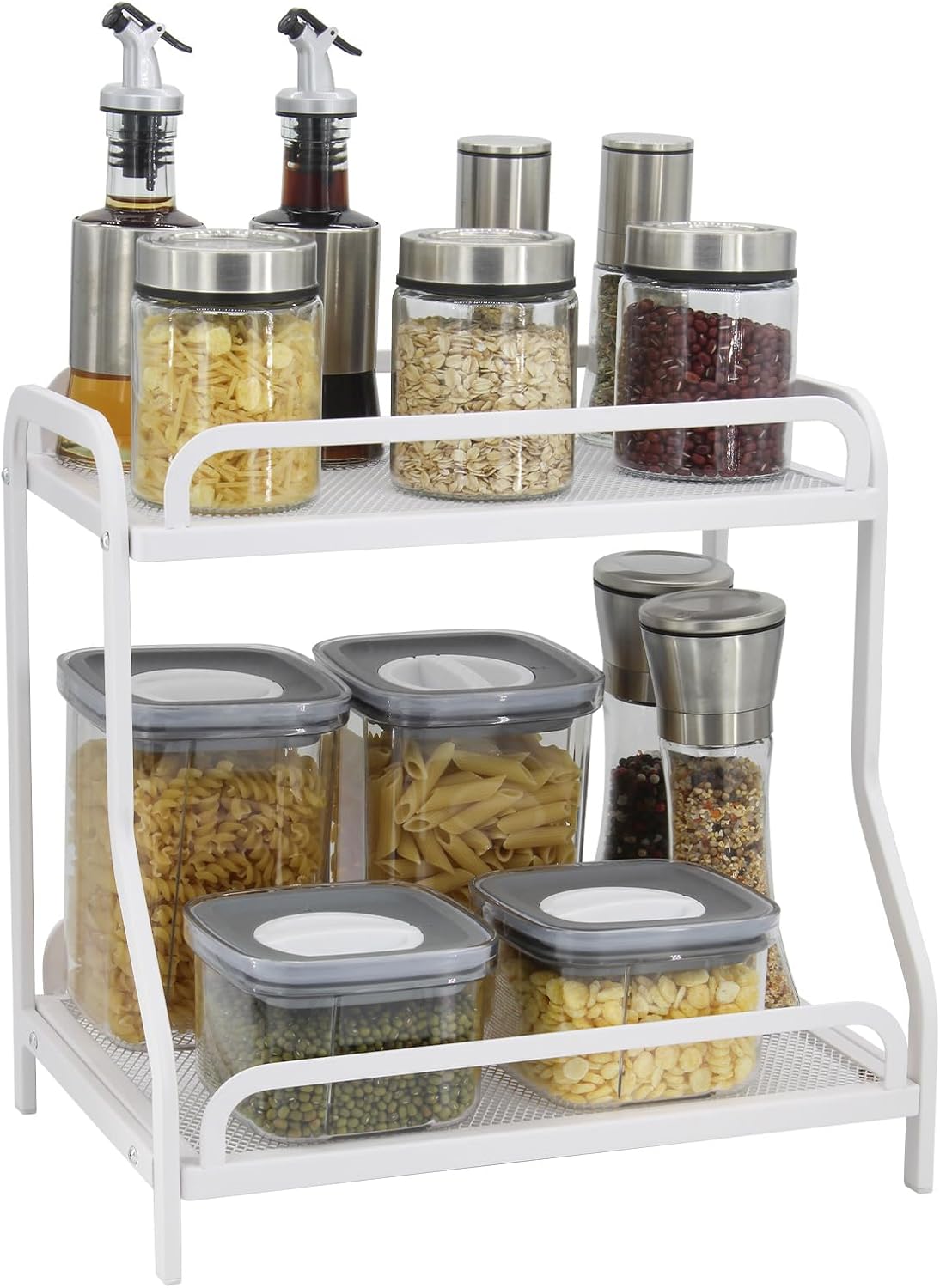 2 Tier Countertop Organizer for Kitchen Bathroom Multi-Functional Coffee and Tea Station Organizer, Makeup Organizer and Kitchen Standing Shelf, Spice Rack Storage Shelf (White)