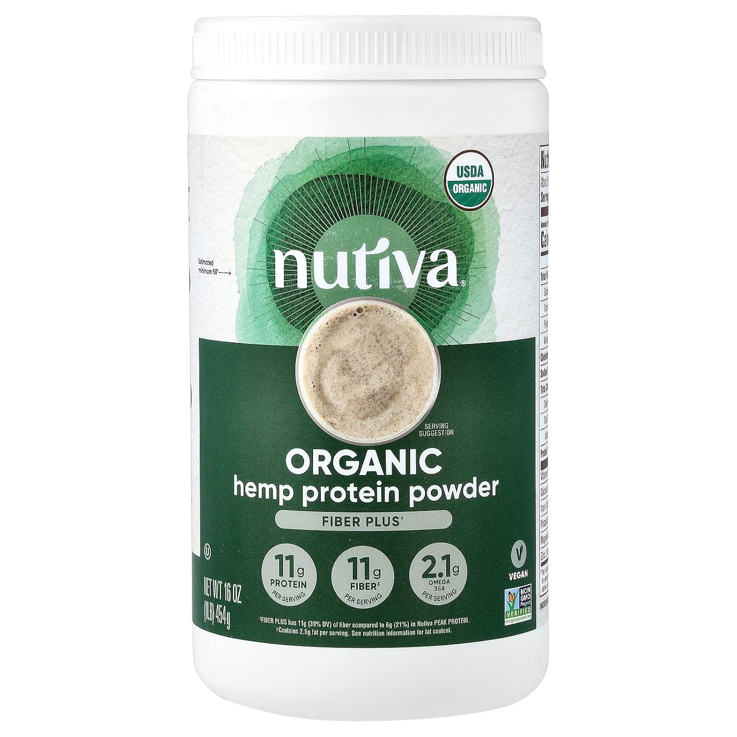Nutiva USDA Organic Cold-Pressed Raw Hemp Seed Plant Protein with Hi-Fiber and Essential Amino Acids Powder, Non-GMO, Whole 30 Approved, Vegan, Gluten-Free & Keto, 16 Oz