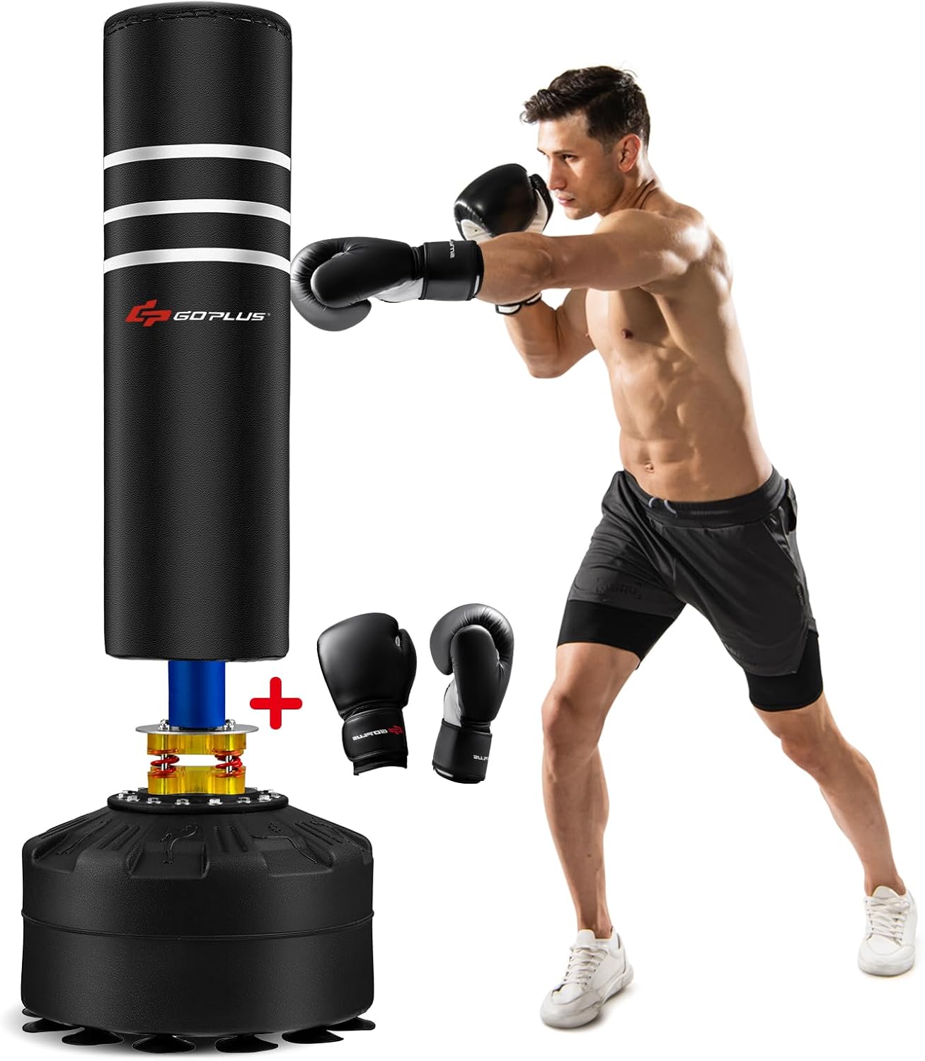 Goplus Freestanding Punching Bag, 220LBS Heavy Boxing Bag with Gloves, Shock Absorber, 12 Suction Cup Base, Kickboxing Bag with Stand for Adults Youth Men Women Home Gym