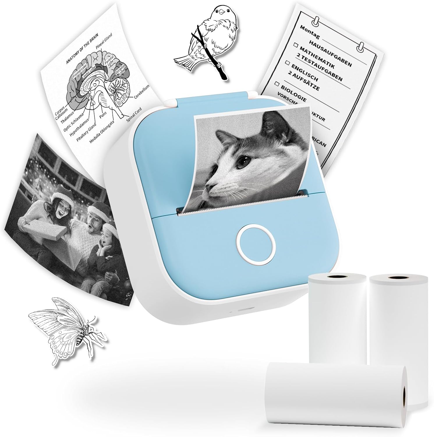T02 Portable Printer Set - Bluetooth Mini Printer with 3 Rolls Paper for Study Notes, DIY, Scrapbook, Memo, List