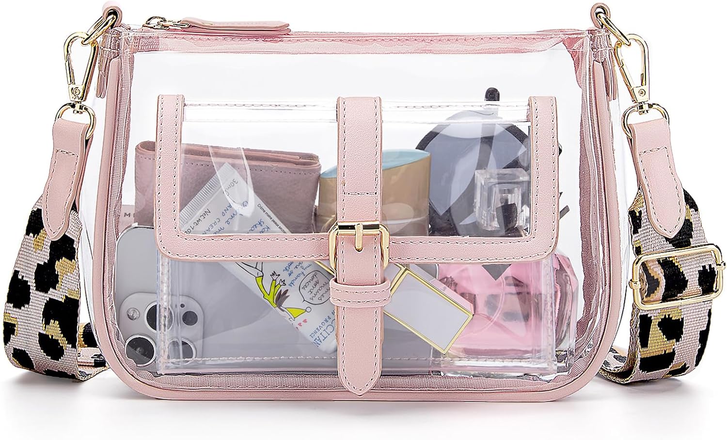 Missnine Clear Bag Stadium Approved Small Clear Purse for Stadium Events Women PVC Crossbody Concert Bag with Wide Strap, Pink, 9.5x2.9x7.1 Inches, Cute