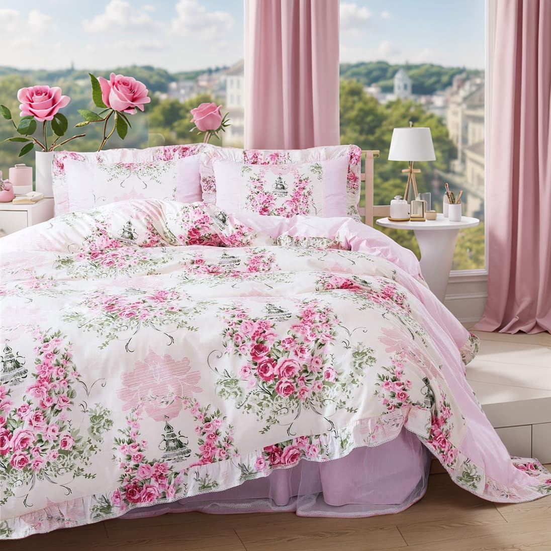 FADFAY Home Textile Pink Rose Floral Print Duvet Cover Bedding Set for Girls 4 Pieces King Size