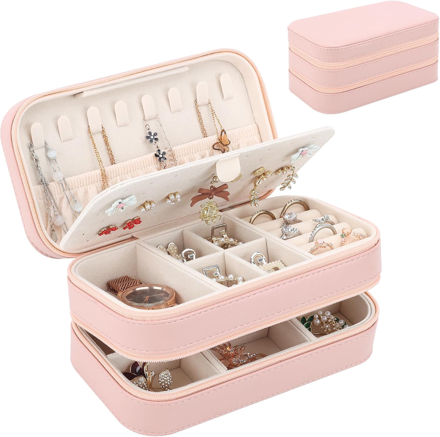 DesignSter Jewellery Box Organiser, Small Portable Travel Jewellery Case with 2 Zippers for Rings Earrings Necklace, Double Layers PU Leather Jewellery Storage Box, Pink