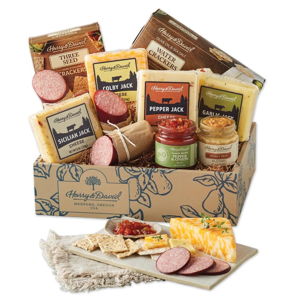 Harry & David Grand Meat And Cheese Gift Box, Food Gift Basket For All Occasions, Charcuterie Platter With 4 Cheese Blocks, 4 Sausages, 2 Sets Of Crackers, Relish & Honey Mustard Sauces