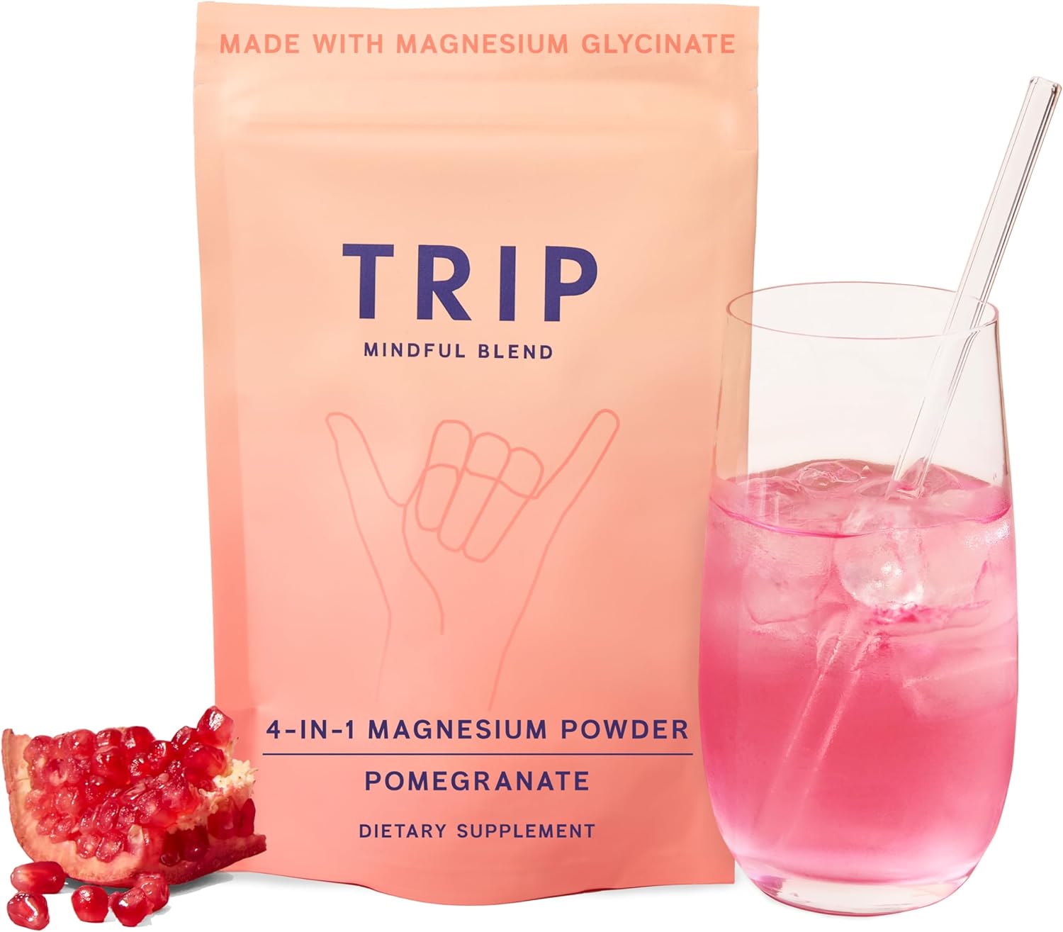 Magnesium Glycinate 4-in-1 Complex - TRIP 7500MG Magnesium Powder with L-Theanine & Lion’s Mane, Delicious Pomegranate Orange Blossom Flavour, Sugar Free, 1 Pack - 30 Drink Mix Servings