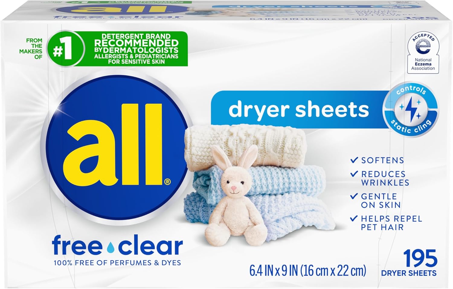 all Fabric Softener Dryer Sheets for Sensitive Skin, Free Clear, 195 Count