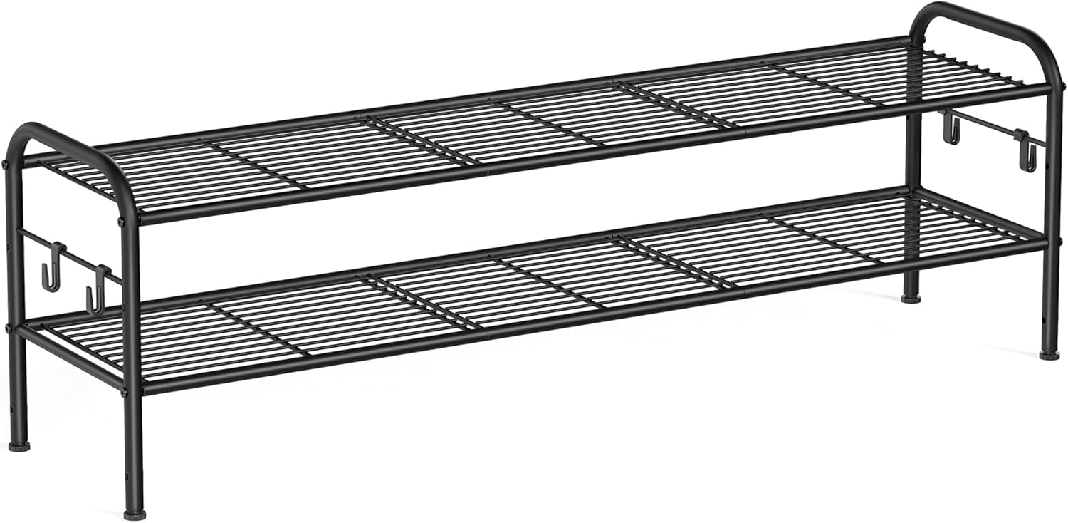 SONGMICS Shoe Rack, 2-Tier Shoe Organizer, Metal Shoe Shelf Storage with 4 Side Hooks, Holds 12 Pairs of Shoes, Height-Adjustable Shoe Rack for Entryway, Hallway, Closet, Easy Assembly, Ink Black