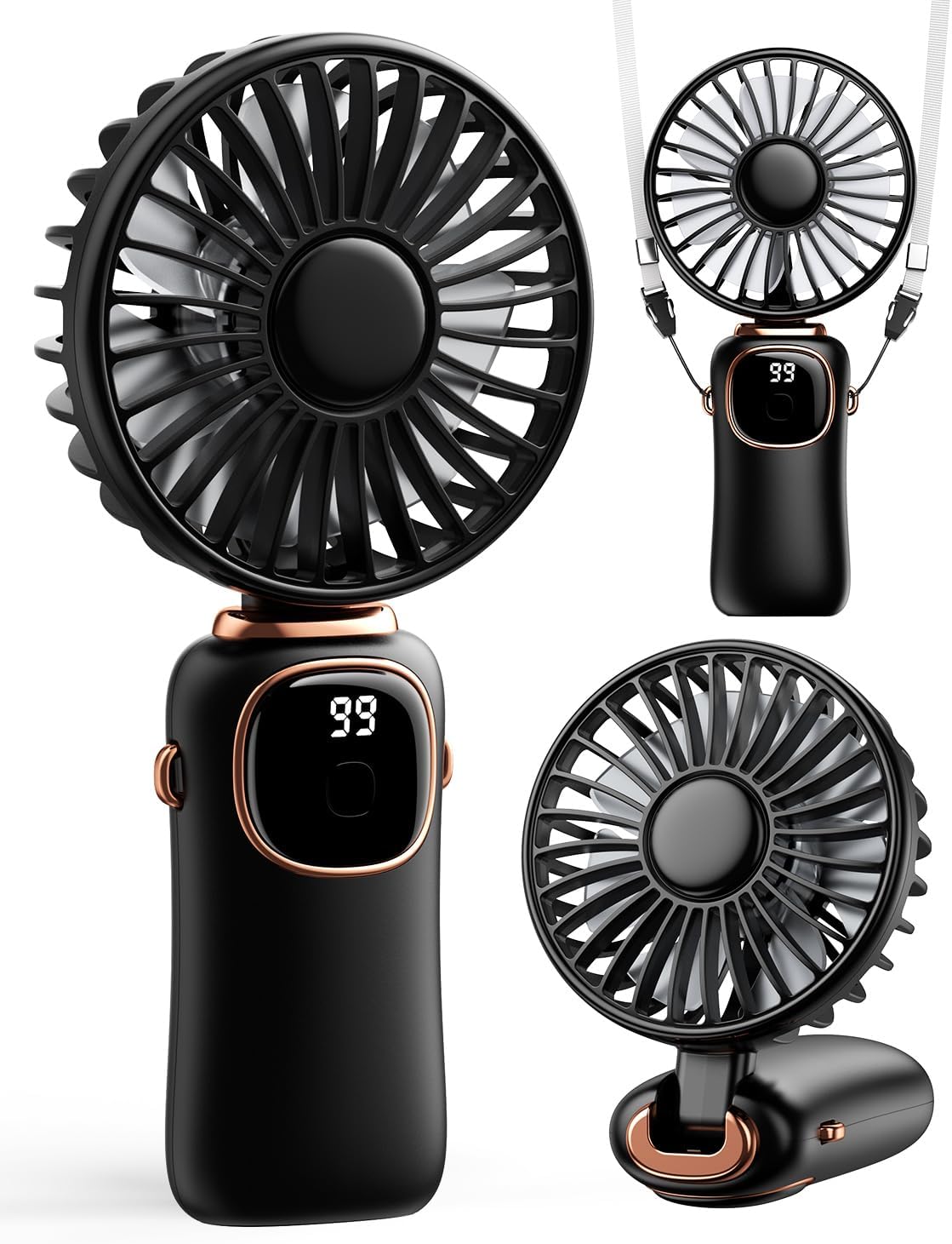 coldSky Portable Handheld Fan, 4000mAh Battery Operated 3 in 1 Multifunction Personal Travel Fans with Digital Display, 90° Foldable Desk Fan with Base, 5 Speed Lash Fan for Makeup/Office (Black)