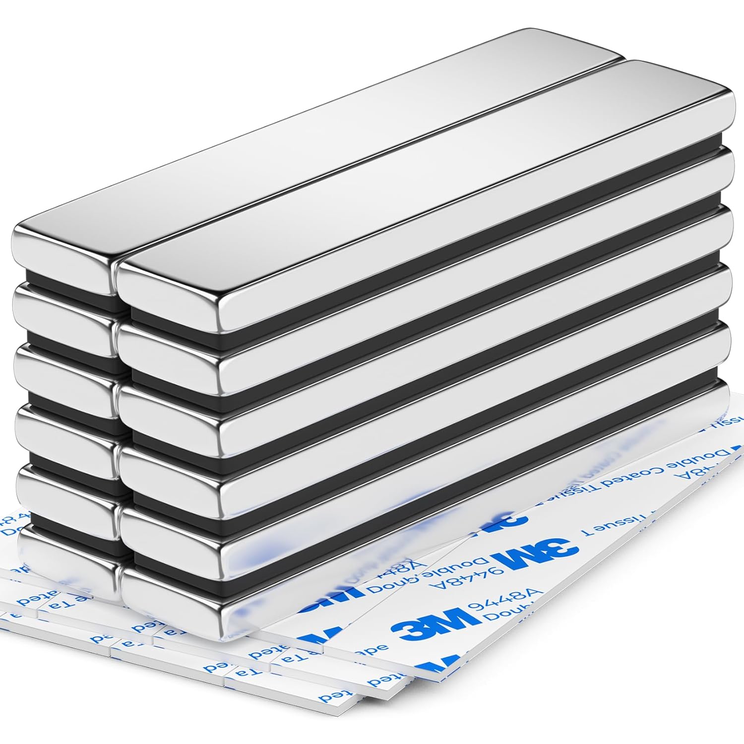 VNDUEEY Strong Magnets, 12 Pack Neodymium Rare Earth Magnets with Adhesive Backing, Heavy Duty Magnet Bars for DIY, Whiteboard, Kitchen, Office, Cabinet, Craft Projects, Fridge (Silver, 60x10x3mm)