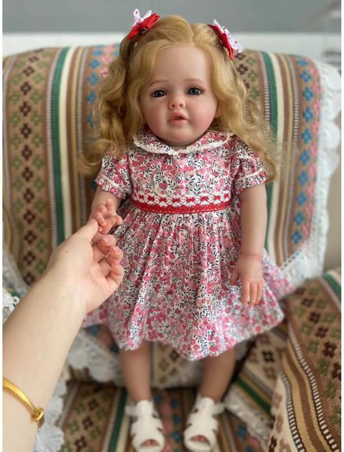 YIHANGG 60CM Huge Baby Size Reborn Toddler Artist Doll with 3D Skin Visible Veins Princess Blonde Curly Hair Reborn Baby Doll Hand Rooted Hair