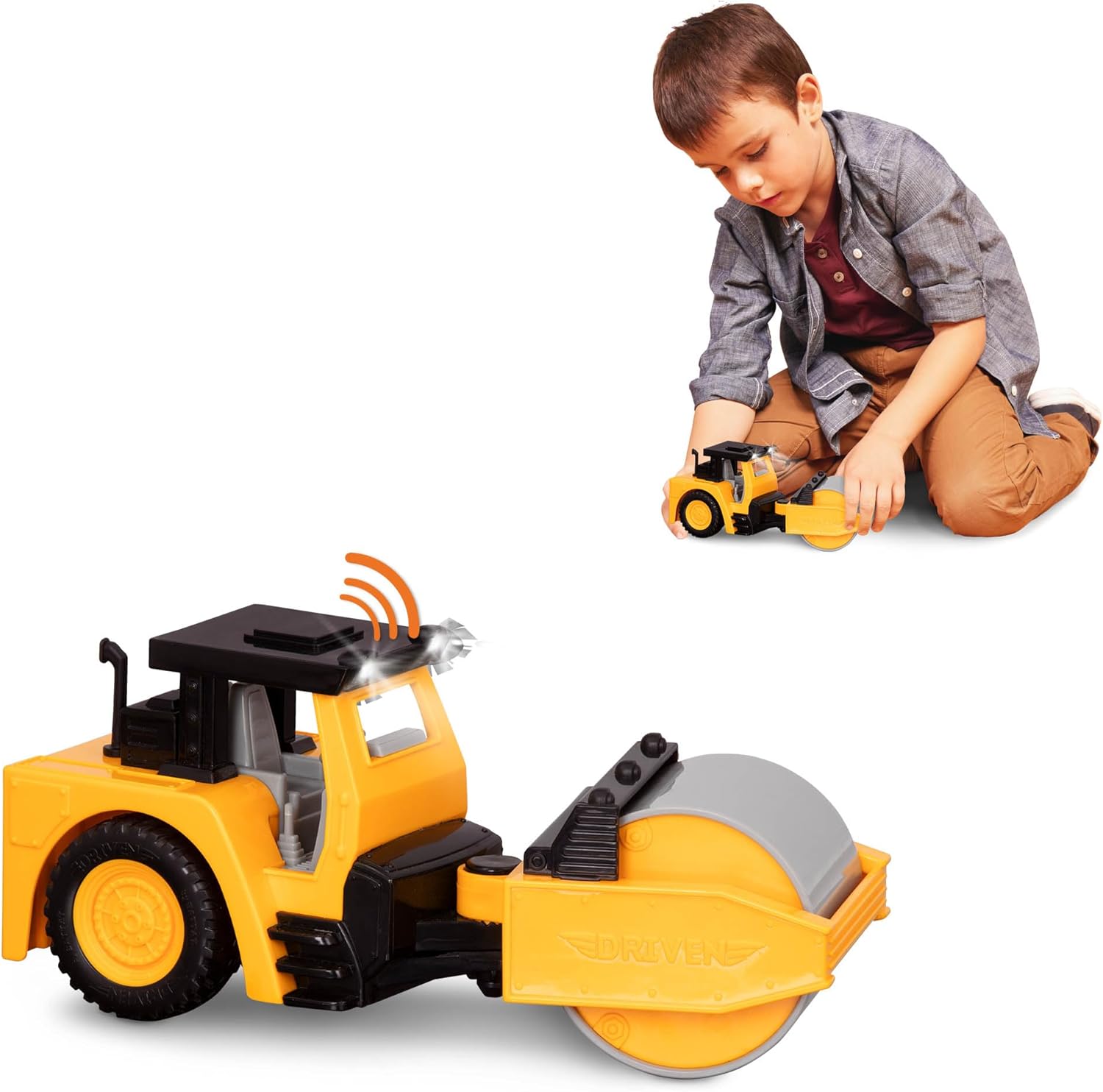 DRIVEN - Micro Steam Roller - Toy Truck with Heavy-Duty Roller, Light, and Sound - Yellow Trucks and Construction Toys for Kids Aged 3 +, Nylon/a