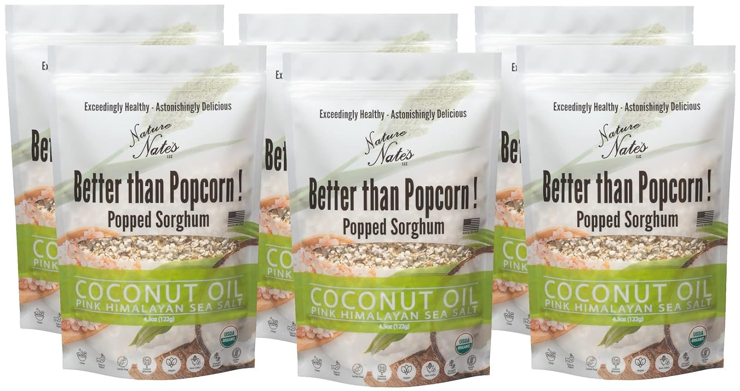 Nature Nate’s Popped Sorghum, Coconut Oil & Pink Himalayan Sea Salt - Organic, Keto & Gluten Free, Healthy Snacks, Better Than Popcorn, Made in USA - 4.3 Ounce (Pack of 6)