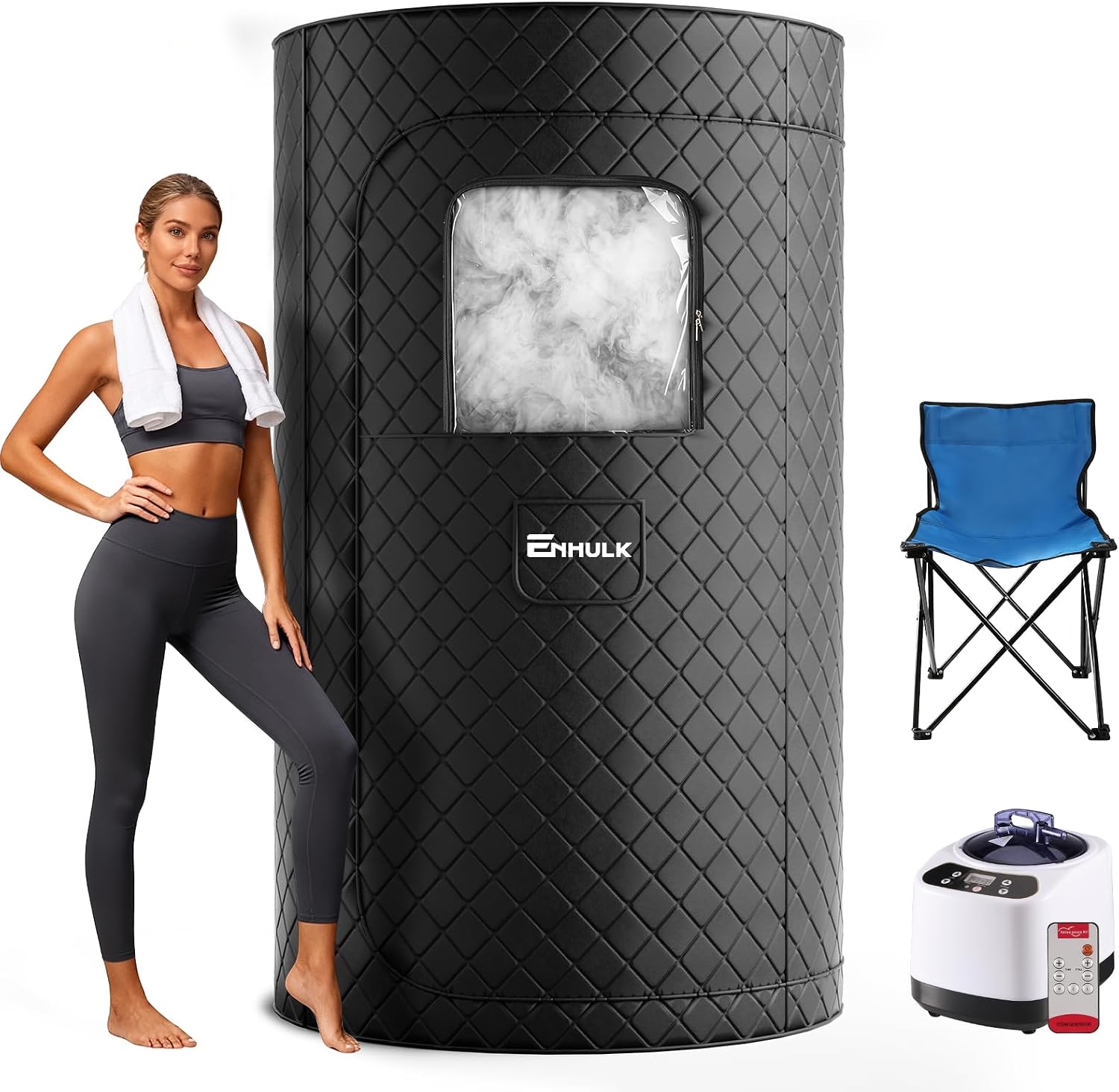 Enhulk Upgraded Portable Steam Sauna, Sauna Box for Relaxation, (43.3"x43.3"x71") Larger Room with 5 Layer Waterproof, 3L Steamer, 9 Levels, Remote Control, Folding Chair for Relaxation at Home Sauna