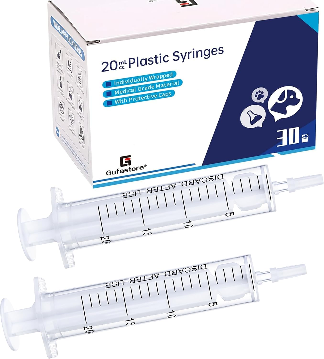 Gufastoe 30pcs 20ml Plastic Syringes with Caps Without Rubber Stopper in for Industry Lab Pet Feeding