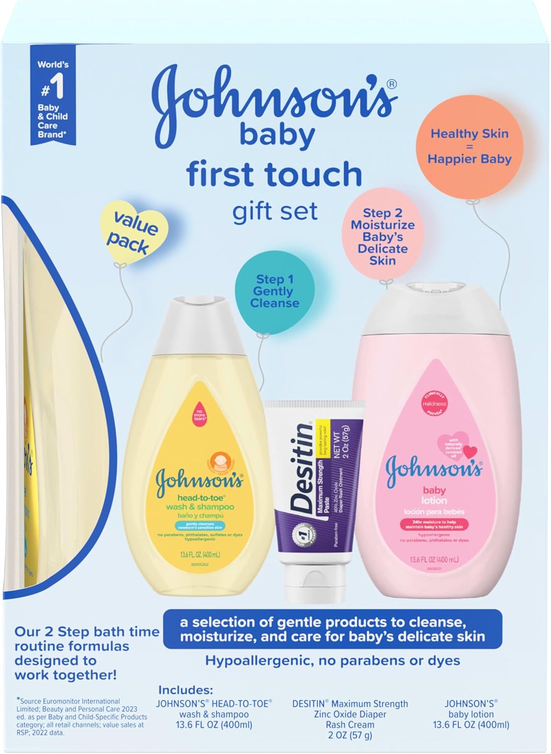 Johnson's First Touch Baby Gift Set, Baby Bath, Skin & Hair Essential Products, Kit for New Parents with Wash & Shampoo, Lotion, & Diaper Rash Cream, Hypoallergenic & Paraben-Free, 4 items