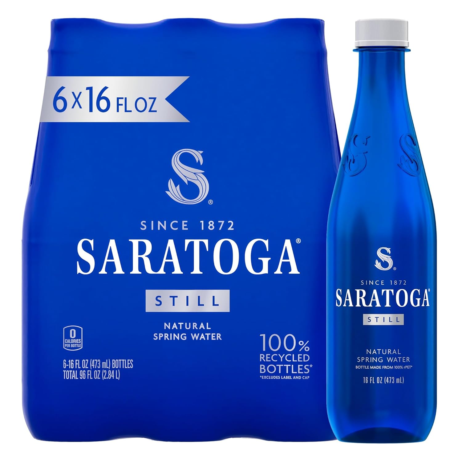 Saratoga Spring Water Bottles, 6 Pack - Still Bottled Water with Naturally Occurring Minerals - Recycled PET Plastic Bottles - 16 Fl Oz