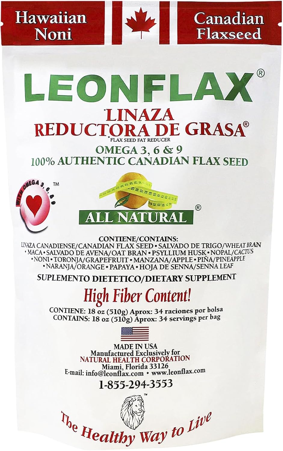 Leonflax, 100% Authentic Canadian Flax Seed, All-natural, High Fiber Content, Dietary Supplement to Improve your Digestive Health, 18 Oz, Bag