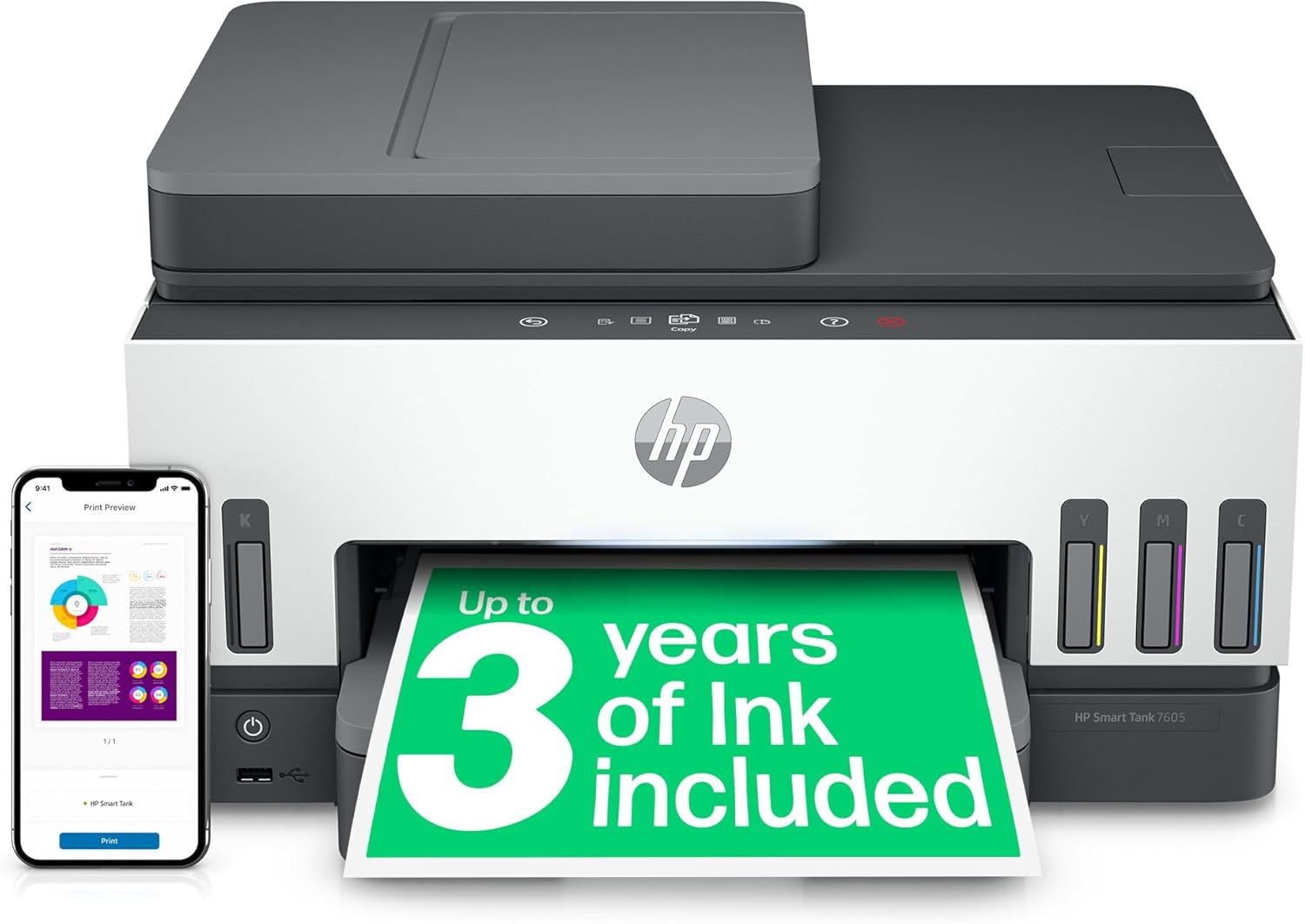 HP Smart Tank 7605 All in One Printer | Perfect for Home | Colour | Wireless, Ethernet | Print, Scan, Copy, Fax | Refillable, Includes up to 3 Years of Ink | 2-Sided Printing | Document Feeder