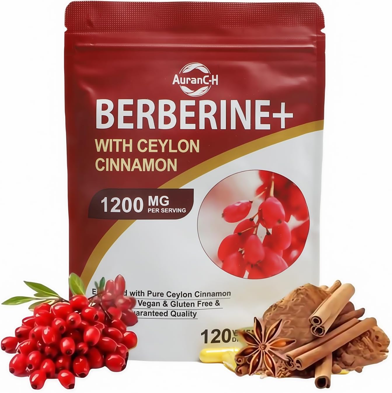 Berberine HCL Supplement Berberine 1200mg Serving HCL 120 Capsules - Metabolism Support Plus Pure True Ceylon Cinnamon,Healthy Weight for Both Men and Women, 2 Month Supply