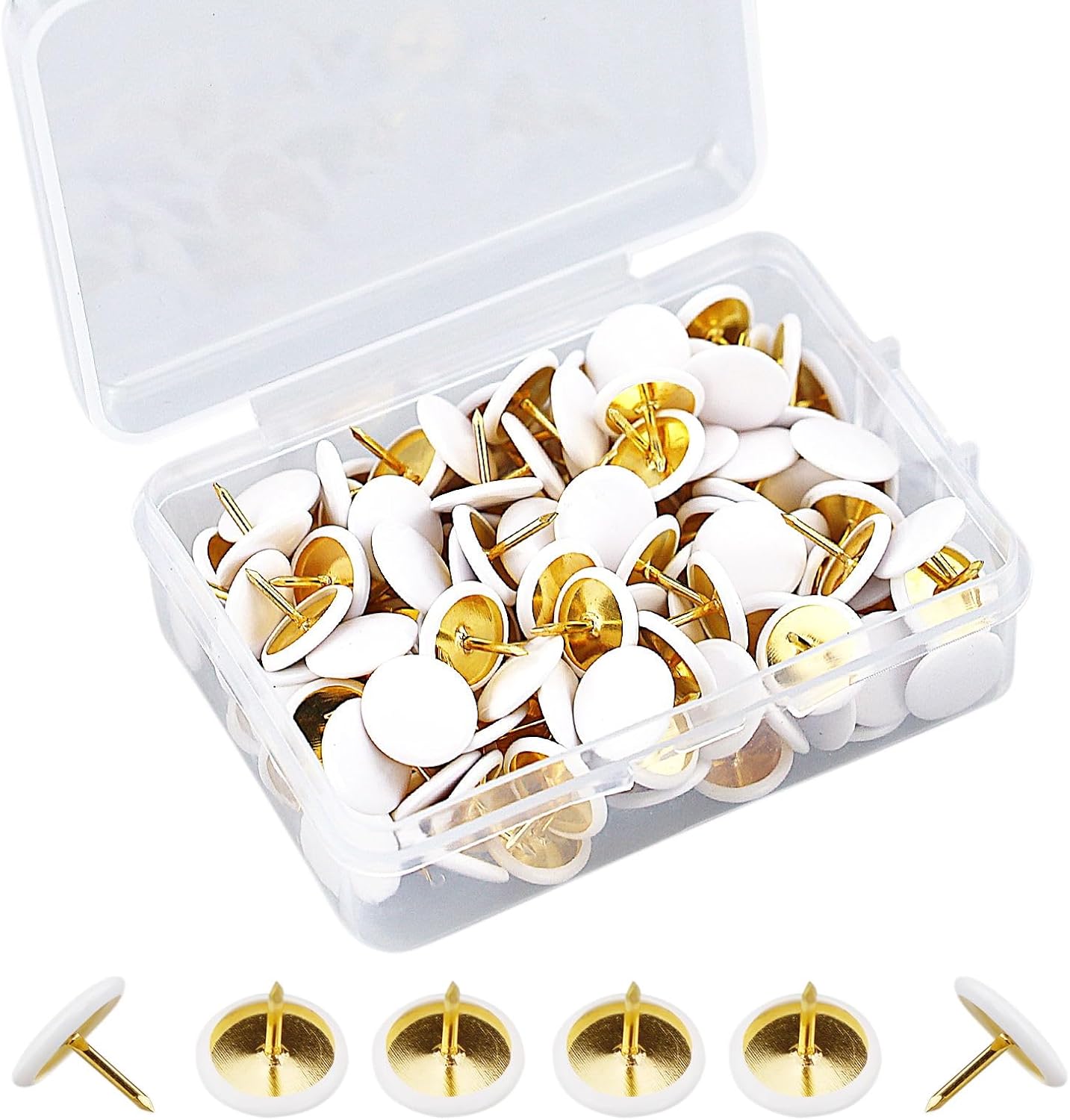 150 Pcs White Round Head Metal Thumb Tacks - Golden Steel Point Flat Pins for Map, Photo Wall, Cork Board Bulletin