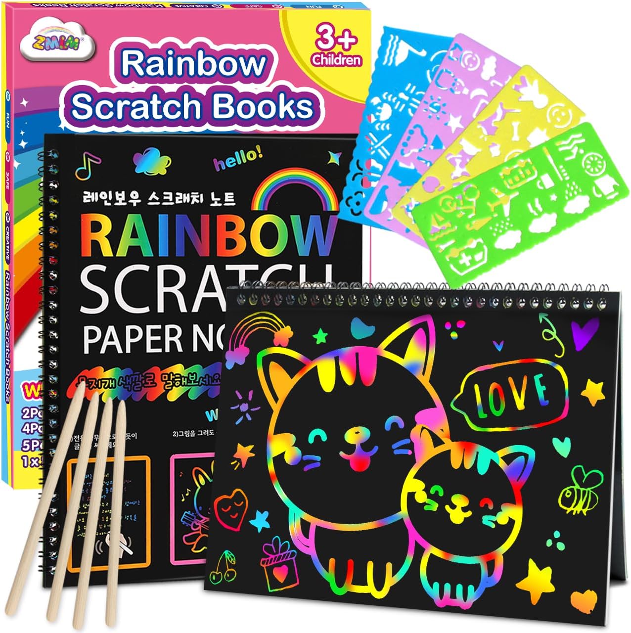 ZMLM Scratch Paper Art-Crafts Gift: 2 Pack Rainbow Notebooks Supplies Toys Easter Basket Stuffers for 3 4 5 6 7 8 9 10 Years Old Girls and Boys Kids Birthday Party Games (Pink)